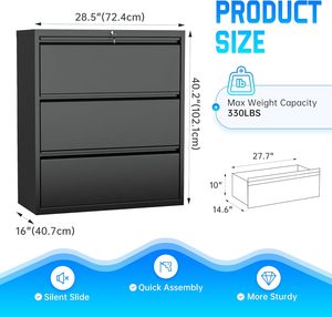 Archivador Metálico Móvil de 3 Cajones con Cerradura, Diseño Lateral Negro, Resistente al Fuego y Ecológico, para Oficina en Casa, Tamaños Carta/Legal/F4/A4 - Product Image 3