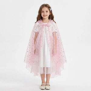 Cape de princesse magique personnalisable pour filles, rose, à sequins étoilés, en tulle, à capuche, avec ourlet asymétrique et fermeture à nouer au cou - Product Image 1