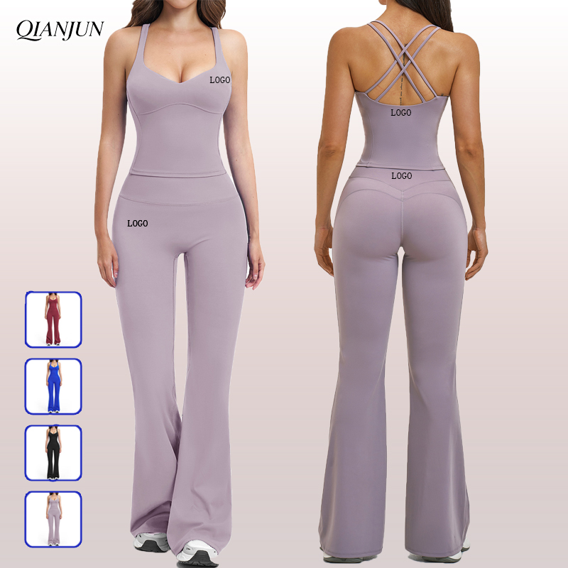 Costom Women's Gym Fitness Yoga Sets Sexy Crisscross Vest Hight Waist Flare Yoga Pants Active Wear Workout Yoga Wear Sets