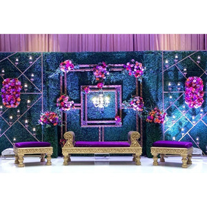 Designer Backless Couch for <b>Mehndi</b> Function Arabian Wedding Golden Carved Couch with Stools New <b>Mehndi</b> Stage Backless Sofa Set - Product Image 1