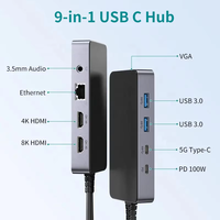 ULT-unite Hub USB-C personnalisé double Type-C vers HDMI 8K 4K VGA USB 3.0 PD RJ45 Audio 3,5 mm Écouteurs Station d'accueil 9-en-1