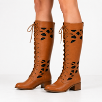 Bottes hautes marron à lacets découpées pour femmes, talon carré, chaussures de mode, vente en gros, fournisseur d'usine OEM ODM, partenaire