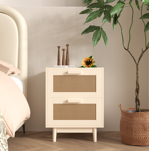 Modern <b>White</b> Natural Rattan <b>Bedside</b> Nightstand 2 Large Drawers Solid Wooden Legs Charging Station Accent End <b>Table</b> for Bedroom - Product Image 4