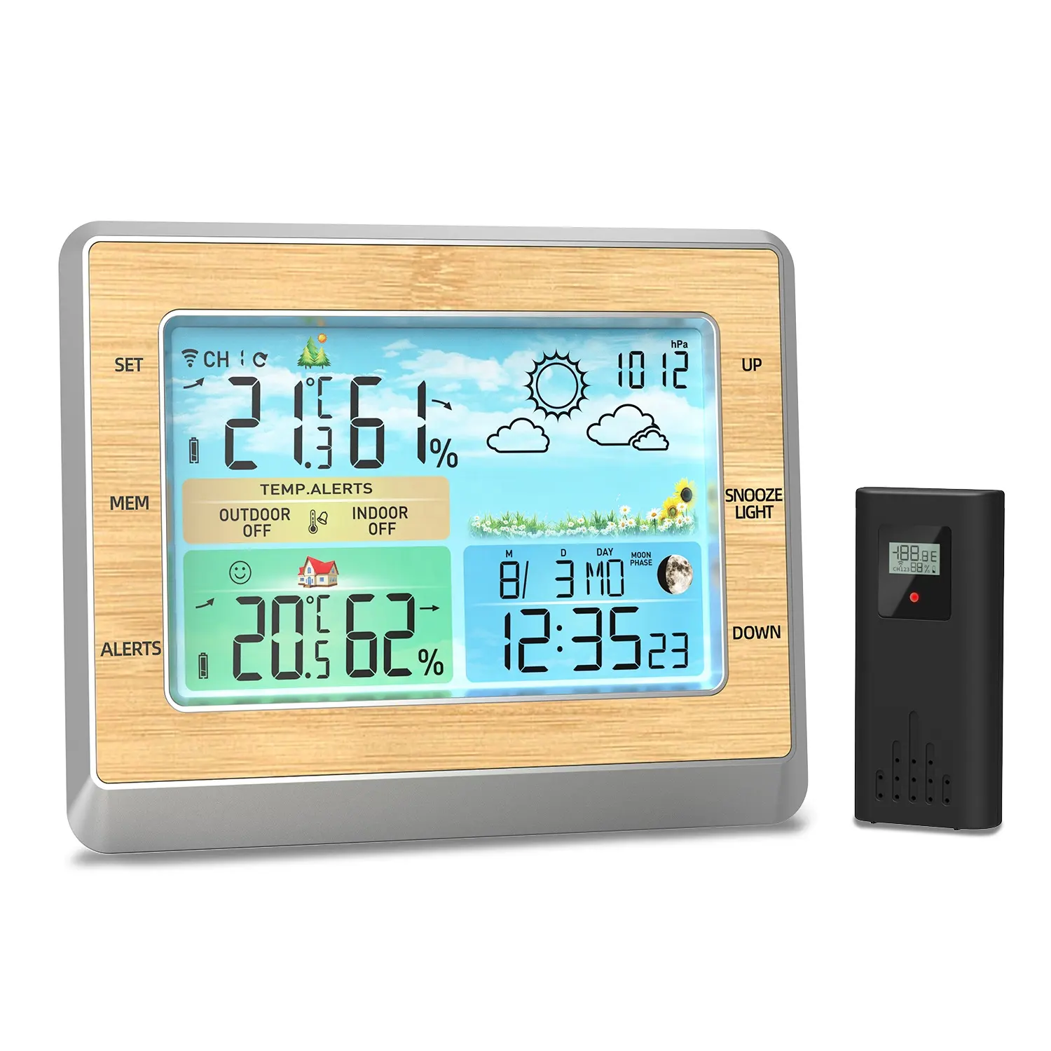 Fanju — Station météo numérique en couleurs, avec hygromètre, thermomètre sans fil pour l'intérieur et l'extérieur, usage domestique, horloge en bois, nouvelle collection 2021