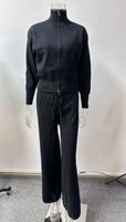 Ensemble deux pièces en coton tricoté pour femmes, décontracté et élégant, cardigan à fermeture éclair sur le devant et pantalon droit, ensemble deux pièces pour femmes, hiver
