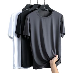 T-shirt à manches courtes pour homme, séchage rapide, couleur unie, col rond, décontracté, tricoté, coupe classique, 100% polyester, blanc, noir, gris - Product Image 1