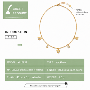 Collier avec pendentif cœur en acier inoxydable, zircone, options de couleur or et argent, chaîne de 45 cm avec extension de 6 cm - Product Image 3