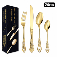 Ensemble de couverts en acier inoxydable poli miroir doré baroque vintage 24 pièces avec boîte cadeau pour mariage, hôtel