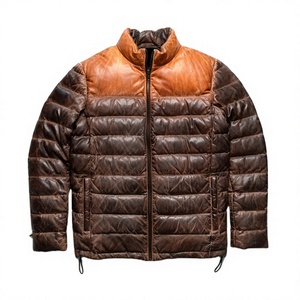 Men's Brown Leather Bomber Jacket Quilted Stand Collar Full Zip Casual Winter Fashion Biker Jacket Custom OEM Wholesale <b>Coat</b> New - Product Image 1