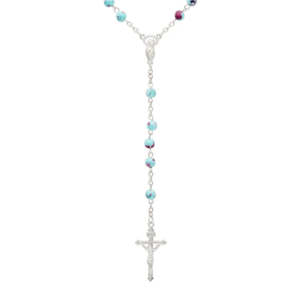 Prezzo a sorpresa lega vergine maria gesù croce ciondolo turchese artificiale collana lunga con perline sublimazione rosario cattolico