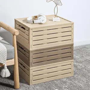 Beige Rustic Decorative Boxes With Removable Lid Plastic Wood Grain Collapsible Toy Bins