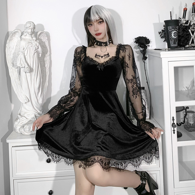 Aesthetic Sexiest Black Dress Gothic Black Lace Hollow Out Dress High Waist  Long Sleeve Mini