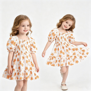 Vestido A26-4 Personalizado de Bambú/Algodón para Niñas, Corte en A, Largo hasta la Rodilla, Cuerpo Fruncido, Mangas Cortas Tipo Linterna con Volantes y Pétalos, para Bebés y Niñas Pequeñas - Product Image 5