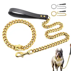 Chaîne en or pour collier de chien matériel robuste en acier inoxydable pour animaux de compagnie lien cubain collier de chien chaîne collier et laisse de chien