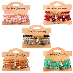 Mode Hippie Sieraden Meerlagige Kleurrijke 4 Sets Bohemien Stapelbaar Kristal Kralen Armbanden Kralen Stretch Armband Voor Vrouwen