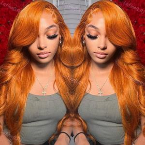 Gingembre <span class=keywords><strong>Orange</strong></span> Vague de Corps Cheveux Humains HD Avant de Lacet Perruque Pré Pincée Brésilienne Remy Colorée 13x4 Sans Colle Dentelle Frontale Perruque - Product Image 4