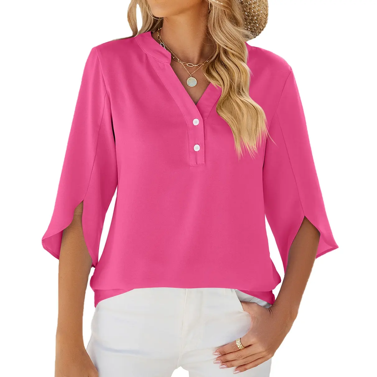 Blusa feminina de verão 2024 com decote em V e botões de cor sólida, blusa casual solta com babado de manga média