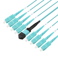 Kabel Patch Fiber 8 Serat MPO/UPC Female-SC/UPC 10Gbps MM Multi Mode OM3-300 Aqua Tipe B Kotak Distribusi Panel Patch Fiber FTTH