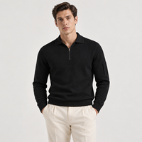 Pull Polo Homme Personnalisé à Manches Longues, Col Zippé, Maille Fine, Coudes Côtelés, Style Rétro Élégant, Chic Décontracté, Automne Hiver