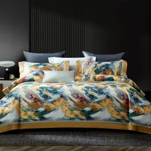 High end yellow duvet cover 100% cotton king size printed gold bed sheet luxury 4-piece home textile bedding set supplier