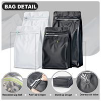 Sacs à café en aluminium avec fermeture éclair et valve, fond plat, scellés sur huit côtés, personnalisés, 125 g, 500 g, 1 kg, 250 g