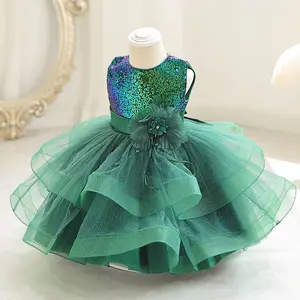 2023 Baby Girl Birthday Dress Lantejoulas Fluffy Flower Girl Vestidos Para Casamentos Crianças Princess Ball Gown Lush Dresses Meninas