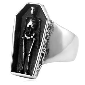 Retro Style Bold <b>Titanium</b> Steel <b>Ring</b> Men's Skeleton Coffin Shape Jewelry Gift for Pinky Finger Steel Color Geometric Design - Product Image 4