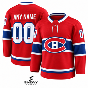 เสื้อฮอกกี้น้ำแข็งผู้ชาย SINEWY SPORTS สีแดง ปักชื่อและหมายเลขตามสั่ง ระบายอากาศได้ดี ลายปัก 3 มิติ ด้านหน้า - Product Image 1