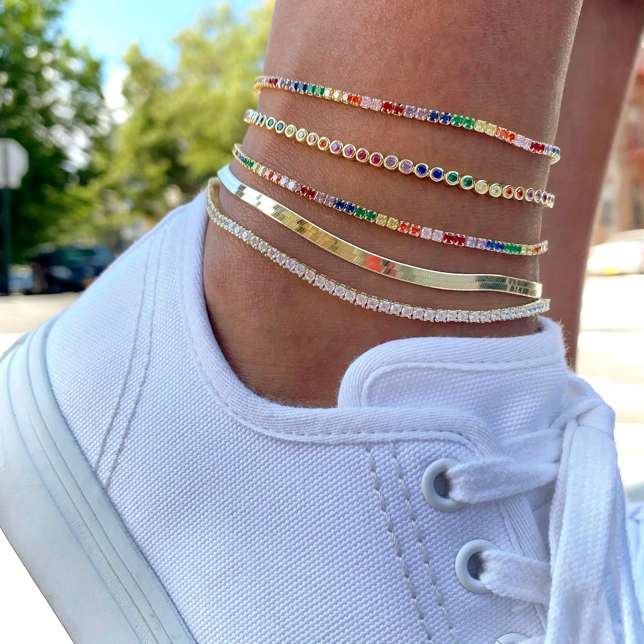 2021 new arrived bling fashion adjustable jewelry micro pave cz rainbow colorful tennis chain women anklet