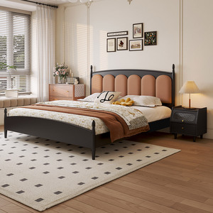 French Vintage Rubberwood Bed 1.5m 1.8m Soft Headboard Platform Bed For Master Bedroom - Product Image 1