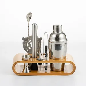 500ML cocktail shaker set stainless steel custom logo bartender kit with cocktail shaker stylish wooden stand
