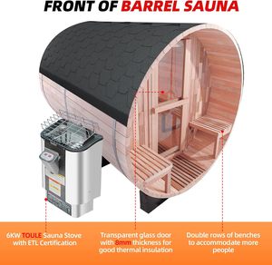 غرفة ساونا برميل بخار خشبي خارجي مع شرفة ، 9 كيلو وات ، غرفة ساونا مع خشب أرز كندي 6-8 شخص - Product Image 5