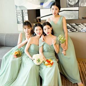 Matcha Green Long Strapless Bridesmaid Dress High Low Chiffon Sleeveless Cocktail Gown For Wedding Party - Product Image 4