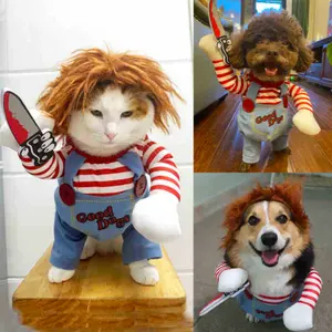 Hund Katze Kostüm Amazon heiß verkaufen lustige Haustier Chucky Hund Kleidung Chuckyy Puppe hält ein Messer Halloween Haustier Hund Kostüm