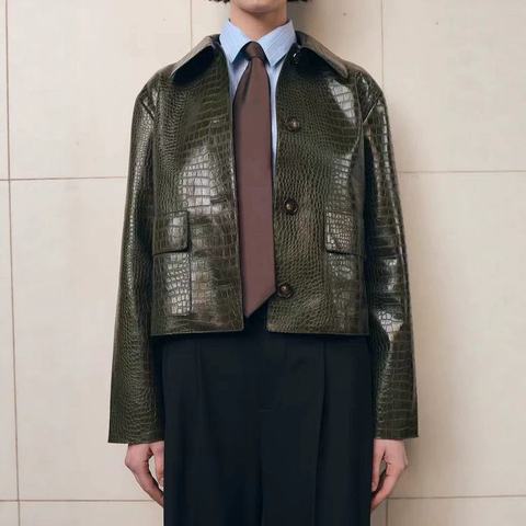 0036 2026 Fall New Unique Design Croc Slim Fit Grain Sheepskin Lapel Leather Coat Women Jacket