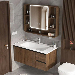 Mueble de Baño Moderno de Mediados de Siglo, en Madera de Nogal, con Lavabo de Cerámica, Luz LED y Espejo Inteligente - Product Image 1