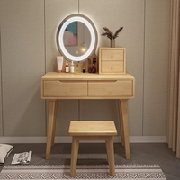 Meja Rias Kayu Solid Ek Eropa Nordik yang Tahan Lama Desain Minimalis Modern untuk Kamar Tidur Kecil dengan Cermin Berlampu LED dan Bangku