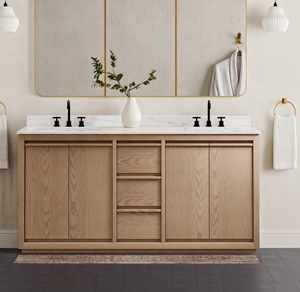 Gabinete de baño de pie de roble ligero de diseño moderno de 60 pulgadas con lavabo de cerámica Juego de tocador de encimera de piedra artificial de 18mm - Product Image 1