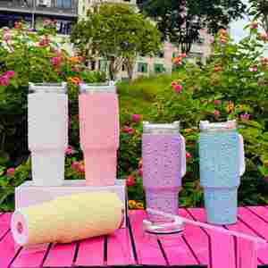 40Oz Diamond Vacuum <b>Insulated</b> Travel Stainless Steel Beer Milk Coffee Tumbler Cup <b>Mug</b> With Handle Straw Inlay With Pearls - Product Image 2
