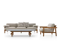 Ensemble de canapé-lit, table basse et table d'angle de luxe moderne avec design minimaliste, tissu et pieds en bois