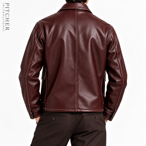Mens Burgundy Leather Chore Jacket <b>Vintage</b> Button Up <b>Coat</b> with Contrast Stitching - Product Image 3