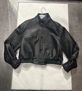 2024 New Heavy Industry Handwoven Sheepskin Short Motorcycle Leisure Leather Coat Women's Jacket Stand up Collar