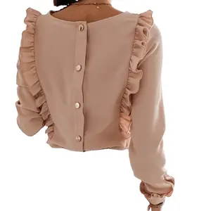Женская белая блузка с рюшами и пуговицами на спине, однотонные топы с круглым вырезом и длинными рукавами, весенне-осенние модные повседневные блузки