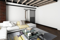 Porte coulissante de grange 3Lites avec panneau de finition, en acier noir et verre, à cadre en fer cannelé, design français, pour intérieur et loft, avec verre