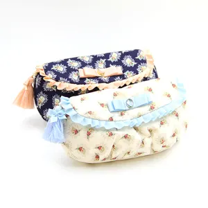 Wholesale Chinese Style Eco-friendly Cotton Tassel and Pleated Ribbon Decoration Small Purse Makeup Beauty Cosmetic Bag