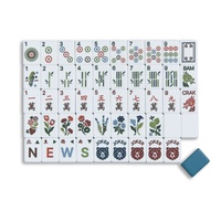 Set Mahjong Amerika Premium Bergaris Biru-Kuning, Ubin Akrilik Dua Lapis dengan Cetakan Seni Bunga dan Beruang Joker, Kilap Tinggi