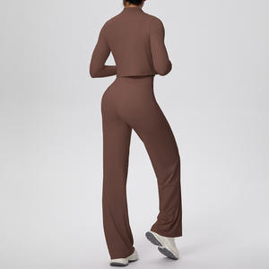 Abbigliamento da donna in tinta unita spazzolato aderente all'americana lungo a tre pezzi Set da Yoga sportivo da corsa - Product Image 3