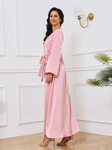 ドバイモロッコOマンスリランカ無地ビーズフラワーレースフロントフロア長さ控えめムスリム女性伝統的なカフタン - Product Image 3