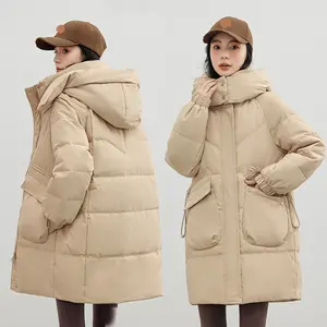 Jaket Puffer wanita, jaket mantel panjang bertudung tebal berlapis katun musim dingin ukuran Plus kasual longgar