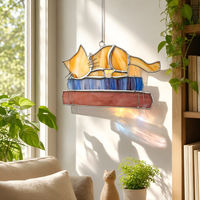 Attrape-soleil en vitrail Art Déco fait main sur mesure, motif chat et livre, décoration murale à suspendre HD-0571, cadeau pour maman, décoration de la maison